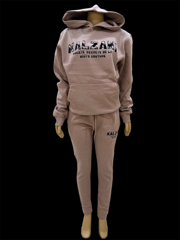 Custom nude Kalzani jogger sweatsuit.